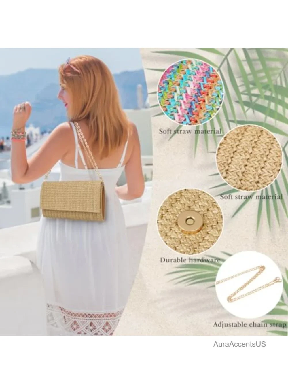 Straw Clutch Purse Chain Strap Crossbody Bag Envelope Handbag Summer Beach